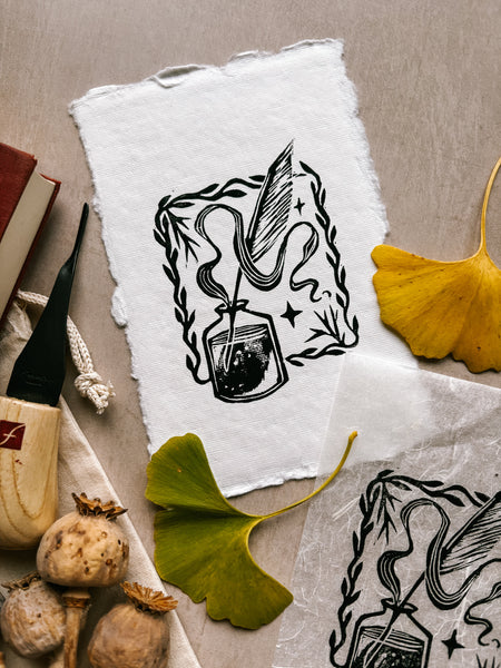 The Midnight Scribe - 4x6 Linocut Print