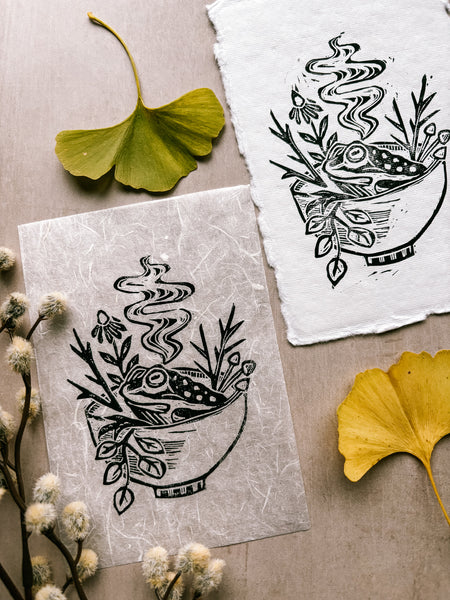 Toad's Tea Bath - 4x6 Linocut Print