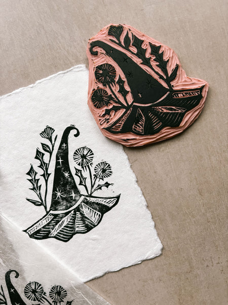 Dandelion Witch - 4x6 Linocut Print