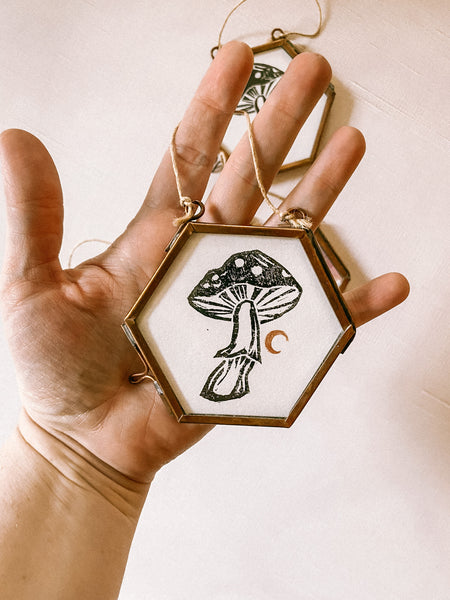 Mushroom Linocut Framed Print Ornaments