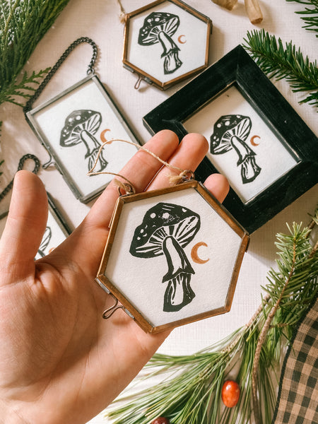 Mushroom Linocut Framed Print Ornaments