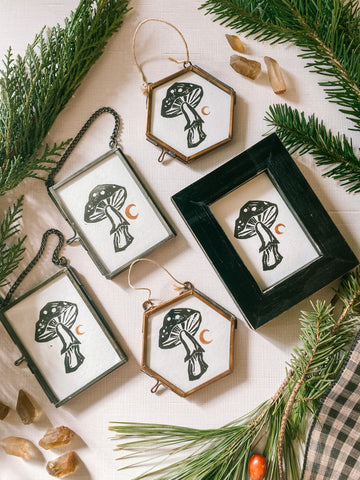 Mushroom Linocut Framed Print Ornaments